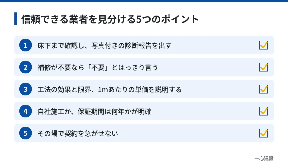 基礎補修の信頼できる業者を見分ける5つのポイント